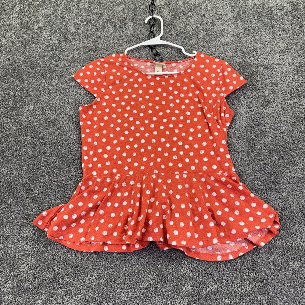 Mossimo Supply Co Shirt Womens L Orange Polka Dot Peplum Ruffle Scoop Neck